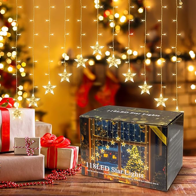 YOUNGAR Stars Icicle Lights, Stars Curtain Lights,11.5ft 118LED Hanging for Home Bedroom Ceiling, Warm White Lights Decor for Wall Indoor, Outdoor, Party, Garden Christmas