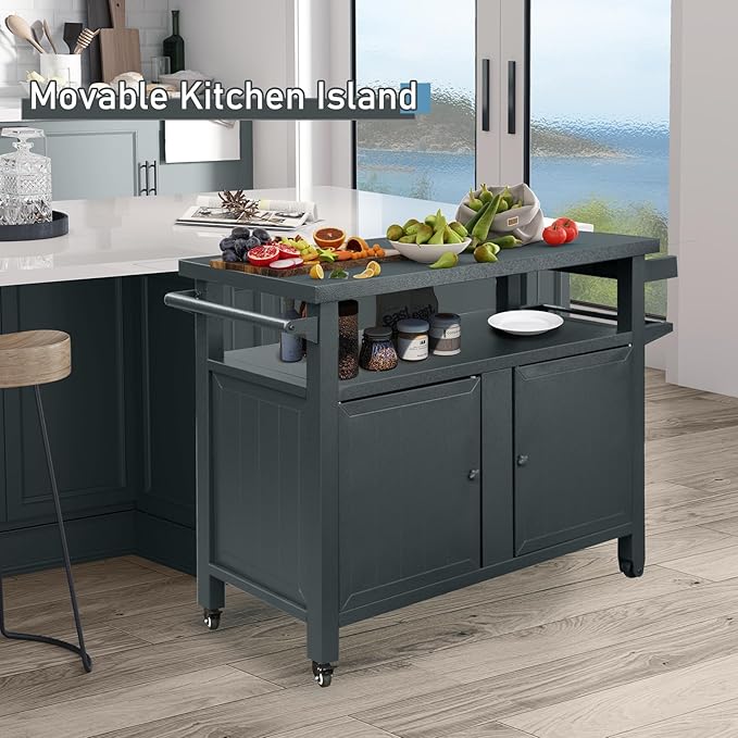 Grill Cart Outdoor with Storage Cabinet, Portable Rolling Patio Bar Cart with Wheels, BBQ Prep Table, Movable Stainless Steel Kitchen Island Dining Cart for Food/Drink/Cooking -Grey