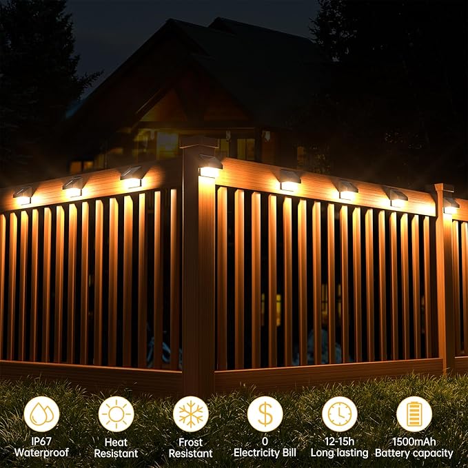 AOSEA High Bright Solar Lights Outdoor IP67 Waterproof, 6 Pack Solar Wall Powered Deck Lights with Tungsten Bulbs, Fence Lights for Outside, Yard, Patio, Fence, Steps, Garden, Landscape (Warm White)
