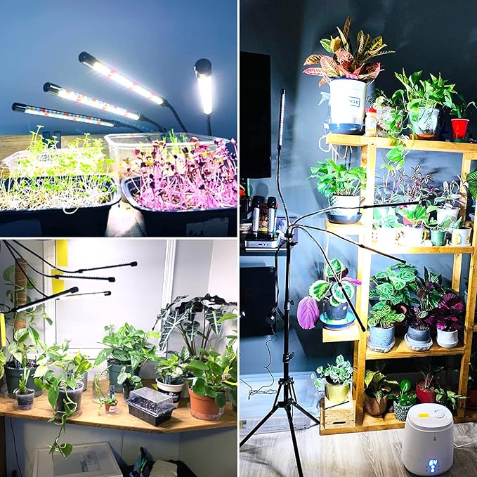 Wolezek Grow lights for Indoor Plants, 4-Head Full Spectrum LED Grow Light with Adjustable Tripod Stand 15-61 inches for Seed Starting, 3500K 6500K 660nm White Red Floor Plant Lamp with 6/12/16H Timer
