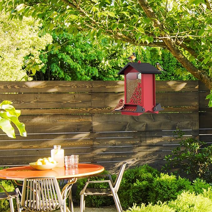 Squirrel Proof Bird Feeder for Outdoor Hanging,Metal Bird Seed Feeder with Bilateral Weight Activated Perches,5LB Large Capacity Wild Bird Feeders for Outside,Easy Refill and Clean,Red