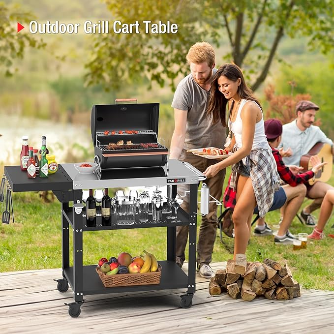 46.6" L x 20" W Three-Shelf Outdoor Grill Table, 4 Swivel Casters with Brake, Movable Outdoor Prep Table with Foldable Side Table, Stainless Steel Pizza Oven Table, BBQ Grilling Table