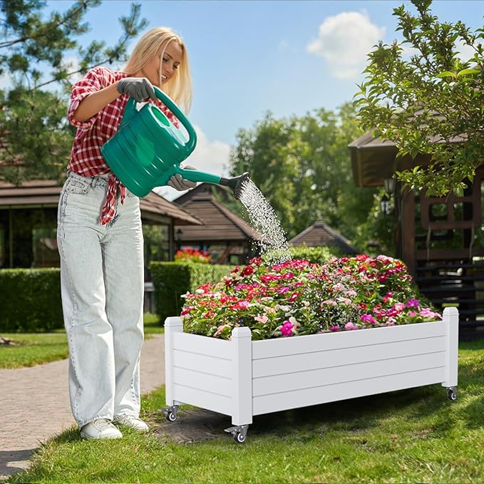 Horticulture Garden Bed, Divisible Resin Planter Box for Backyard, Patio, Balcony, with 4 Legs and 4 Swivel Lockable Wheels(Ashen,43.31 * 17.72 * 17.56)