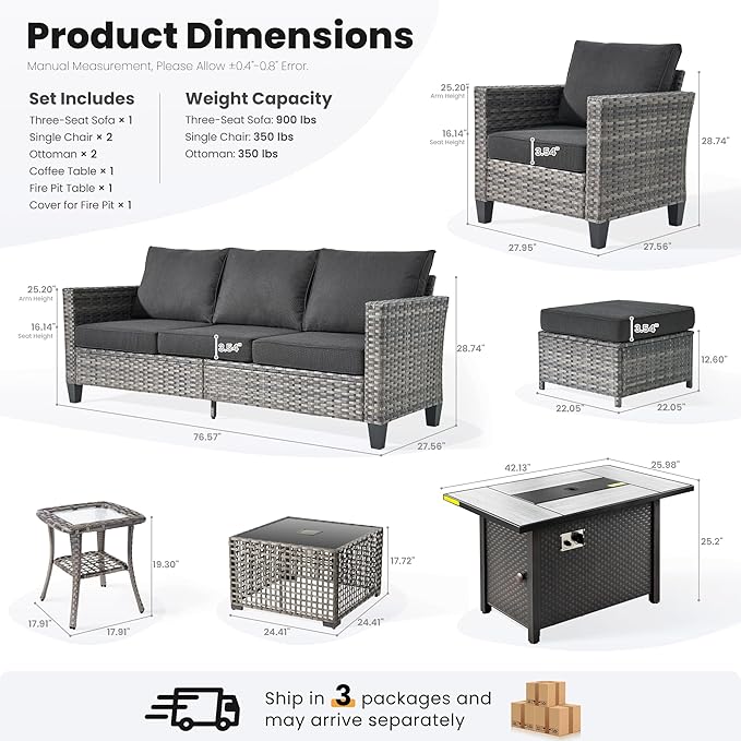 ovios 7 Pieces Patio Furniture Set with 42" Fire Pit Table, Outdoor Sofa Couch with Solar Lights Table Comfy Cushions, Modern Deep Seat Wicker Rattan Conversation Set, Black