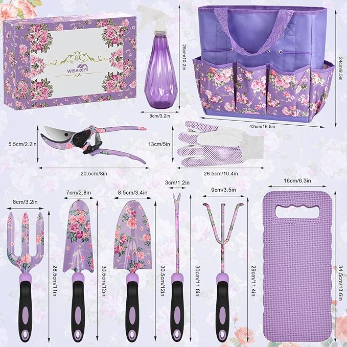 Gardening Tools, WisaKey 10 Piece Heavy Duty Purple Garden Tools Set with Non-Slip Ergonomic Handle, Durable Fashion Garden Tool Organizer HandBag, Ideal Gardening Hand Tools Gardening Gifts for Women