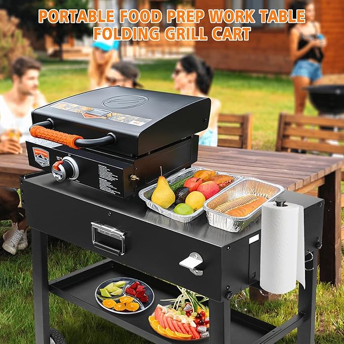 Foldable Grill Table Cart for Ninja Woodfire OG700, Blackstone Portable Griddle, Weber, Ooni Pizza Oven – Portable Outdoor BBQ Prep Stand with Caddy, Ideal for Camping and Tailgating