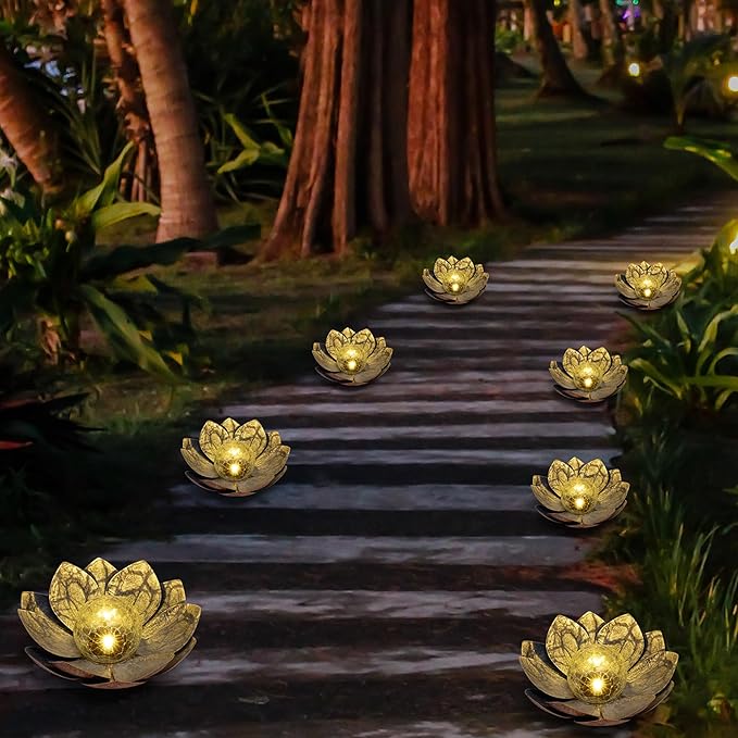 HPC Decor Solar Lights Outdoor Garden Decor - Art Crackle Globe Glass Lotus Decoration, Waterproof LED Metal Flower Lights for Outdoor Decor on Patio,Lawn,Walkway,Table,Perfect Gifts (Gray,11in)