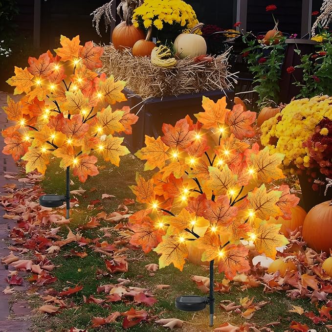 TORONTOKYO 4 Pack Fall Solar Outdoor Lights, Fall Decor 80 LED Maple Leaves Solar Stake Light with 8 Modes, Waterproof Fall Garden Lights Thanksgiving Decorations for Autumn Yard Pathway Outside