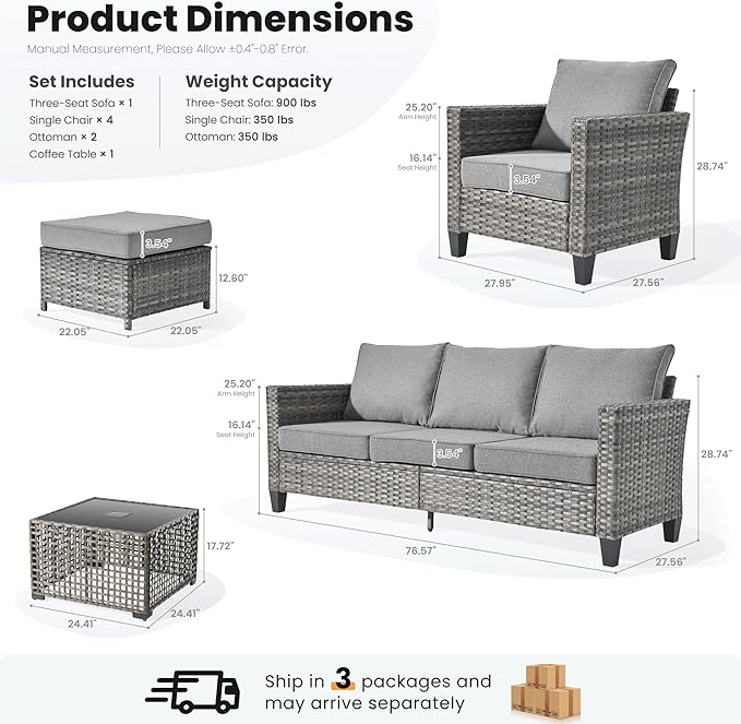 ovios 8 Pieces Patio Furniture Set Outdoor Sofa Couch with Solar Lights Table Comfy Cushions, Modern Deep Seat Wicker Rattan Conversation Set for Porch Deck, Dark Grey