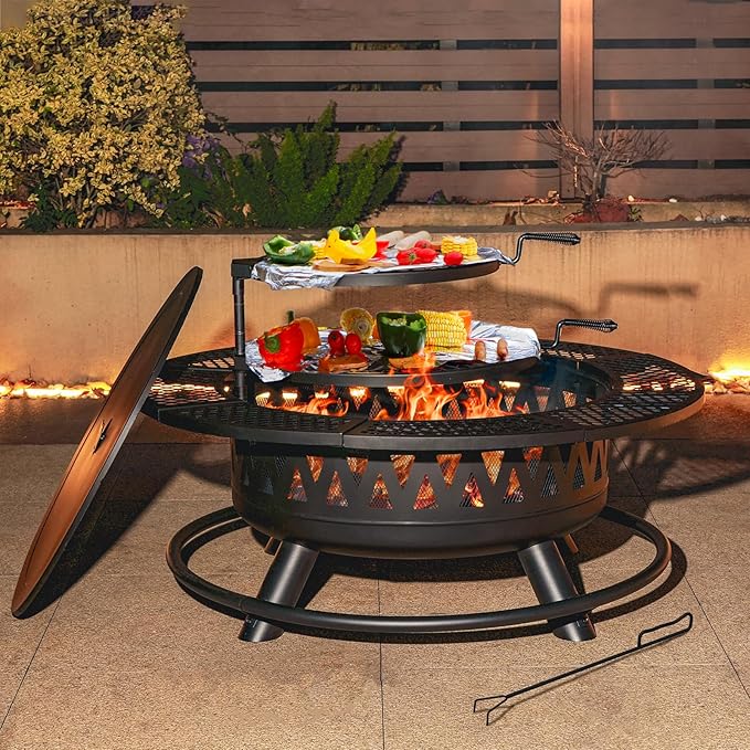42 Inch Fire Pit with 2 Grills, Large Outdoor Firepits for Outside, Wood Burning Fireplace for Camping,Picnic,Bonfire, 3-in-1 Round Metal Table with Lid for Backyard,Patio,Party