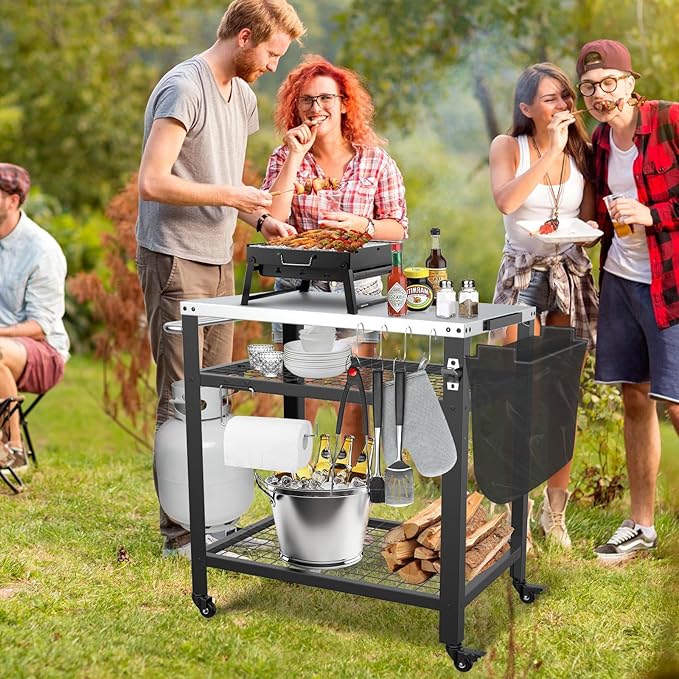Stainless Steel Pizza Oven Table for Ooni, 650lbs Outdoor Grill Cart with Wheels and Handle, 32"x 24" Three-Shelf Food Prep Cart for Griddle, Movable Outdoor Pizza Cart