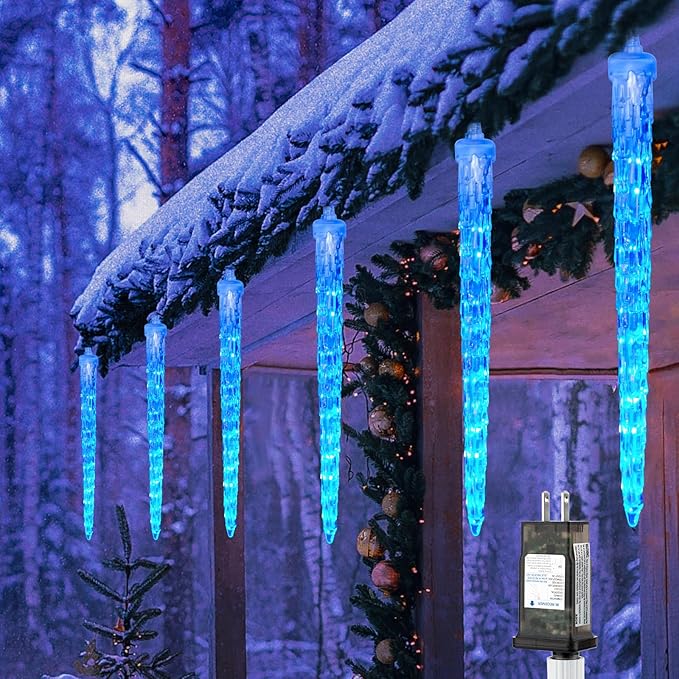 Icicle Lights Outdoor, 19.8Ft Meteor Shower Lights with 20 Tubes, Snowfall Shooting Star Light Effect, Falling Cascading Crystal Christmas Decorations for House, Eave, Roofline, Patio, Blue