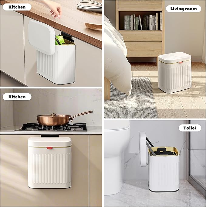 GloDeals Kitchen Trash Can with Lid, 2 in 1 Small Garbage Can Compost Bin Countertop, Wall-Mounted Under Sink Indoor Trash Bin for Kitchen, Bathroom, Cabinet Trash Can Hanging (4L, White/1.05 Gal)