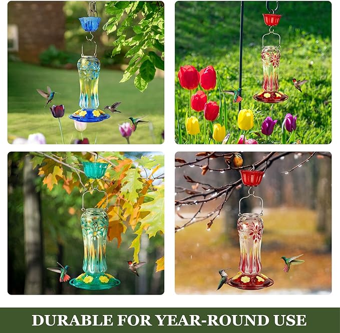 Kingsyard Hummingbird Feeder for Outdoors Hanging, 25 Ounces, Glass Humming Bird Nectar Feeder with Ant Moat & 6 Feeding Ports, Leak Proof, Red