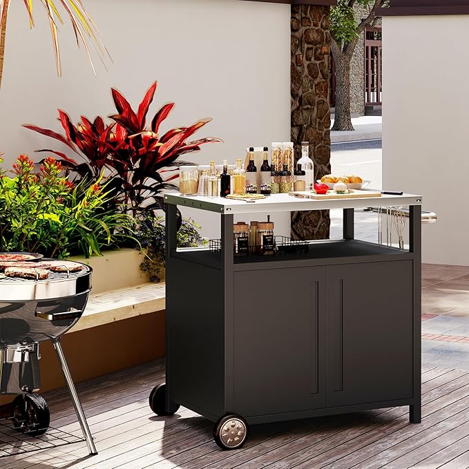 Outdoor Grill Cart with Storage Cabinet Stainless Steel Prep Stand with Storage Cabinet and Wheels Movable Whole Portable Table Outdoor Rolling Prep Station Kitchen Island Pizza Oven Table for Garden