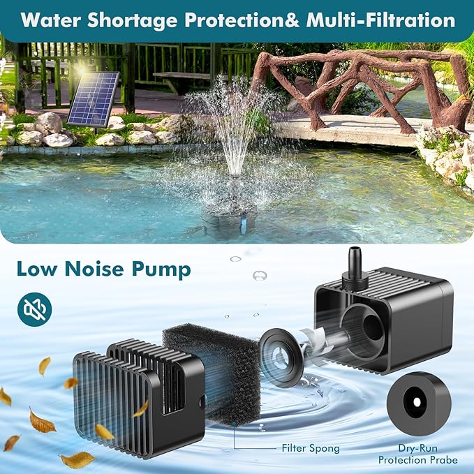 POPOSOAP Solar Pond Filter Built-in 3600mAh Battery Backup, 8W Solar Pond Filter with Water Pump, Pond Filter with Water Shortage Protection & Clear Tubing for Ponds Fish Tank Bird Bath Garden