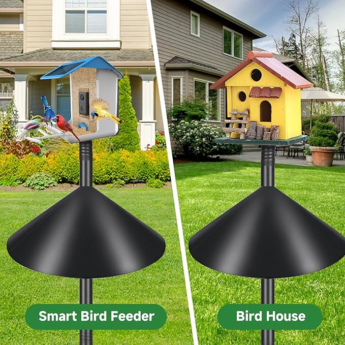 Smart Bird Feeder Pole Stand 79In,Adjustable Height Metal Bird House Pole for Outdoor Garden with Multiple Mounting Options (Black, Round Squirrel Baffle - High 79in)