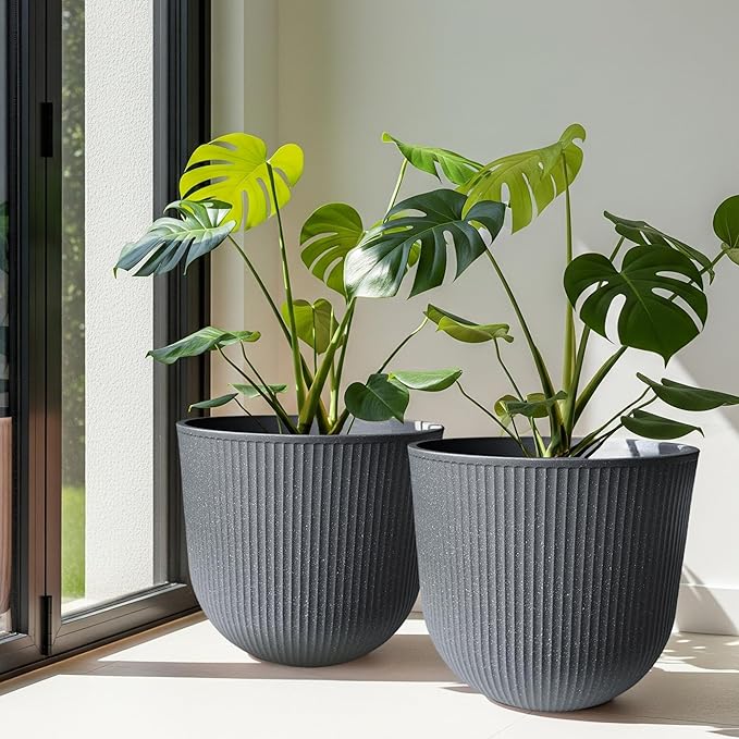 WORTH Garden Round Large Planter Pot Set of 2-17.5" Dia x 15.5" H - Durable Plastic Grey Plant Tree Pots with Vertical Stripe Textured Finish, Drainage Hole for Indoor, Outdoor, Front Porch, Patio