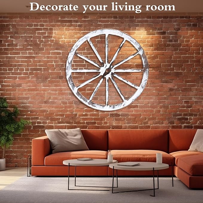 Wood Wagon Wheel Decorative Old Western Style Wagon Wheel Decor Vintage Rustic Wall Hanging Wood Cartwheel Decor for Garden Bar Patio Garage Farmhouse(30 Inch,White)