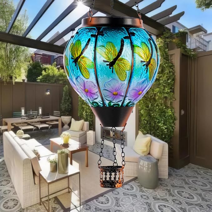 Dragonfly Solar Hot Air Balloon Lantern with Flame, Glass Hot Air Balloon Solar Lantern Outdoor Waterproof, Decorative Hanging Hot Air Balloon Solar Light for Outside Garden Patio Yard