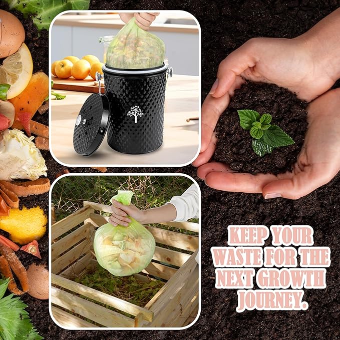AOSION Countertop Compost Bin Kitchen,Odorless Indoor Compost Bin with Lid and Compost Bags,Compost Bucket Composter Container for Food Waste,Black
