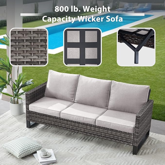 7 Piece Wicker Patio Furniture Set - Outdoor Swivel Rocker Chairs Set with Coffee Table, Side Table, 3 Seat Sofa & Ottomans, Small Patio Conversation Sets for Balcony Deck - Grey/Beige