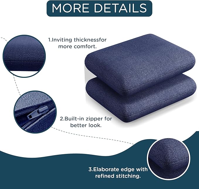 Codi Patio Chair Cushions 19x19 Inch, Waterproof Seat Cushion for Outdoor Furniture with Textured Fabric, Handles & Adjustable Straps, Fade Resistant - Set of 2, Navy Blue