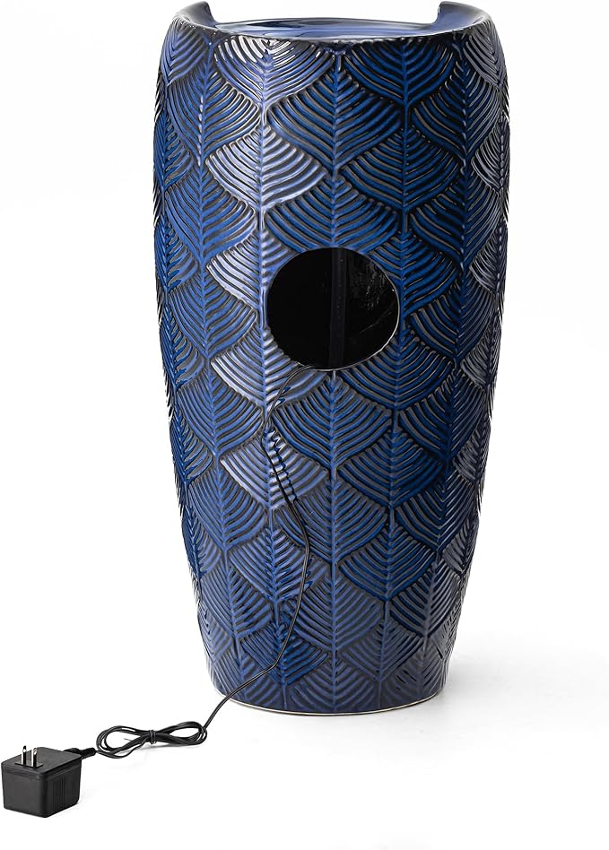 Glitzhome 29.25" H Oversized Ceramic Vase Outdoor Water Fountain, Tall Scale-Like Textured Glaze Patio Garden Water Fountain with LED Light and Submersible Pump Yard Art Decor, Cobalt Blue