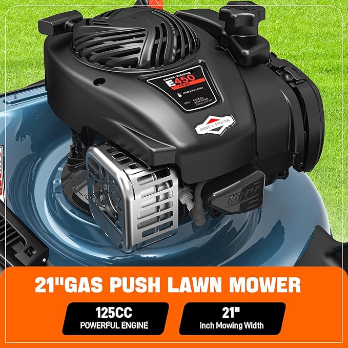 SENIX LSPG-M3 21-Inch Gas Push Lawn Mower with 125 cc 4-Cycle Briggs & Stratton Engine, 2-in-1,Mulching and Side Discharge, 6-Position Dual Lever Height Adjustment