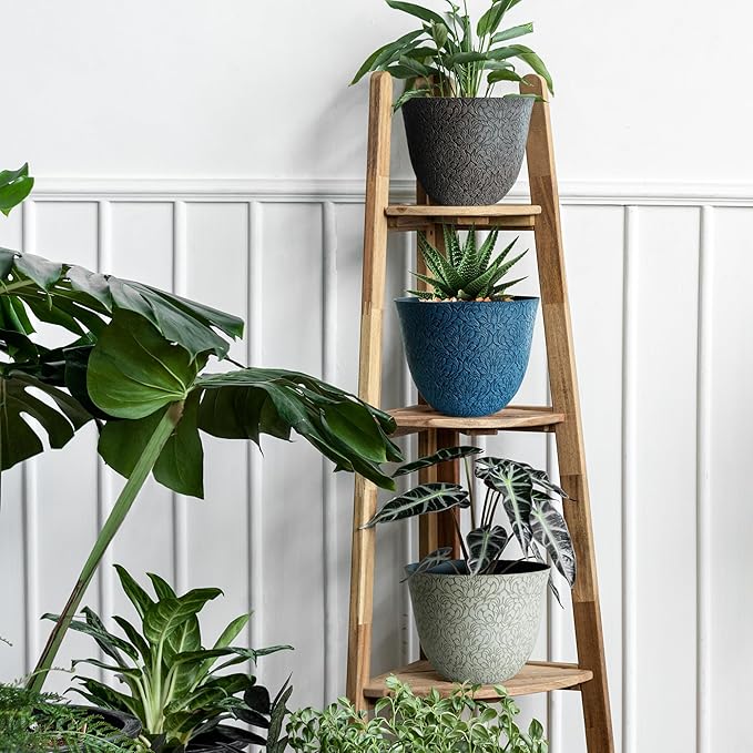 Worth Garden Plastic Round 8" Plant Pots for Indoor Plants - Set of 6 Multicolor Small Flower Pots W/Drainage Hole and Rubber Plug - Home Christmas Decorative planters Retro Floral Pattern