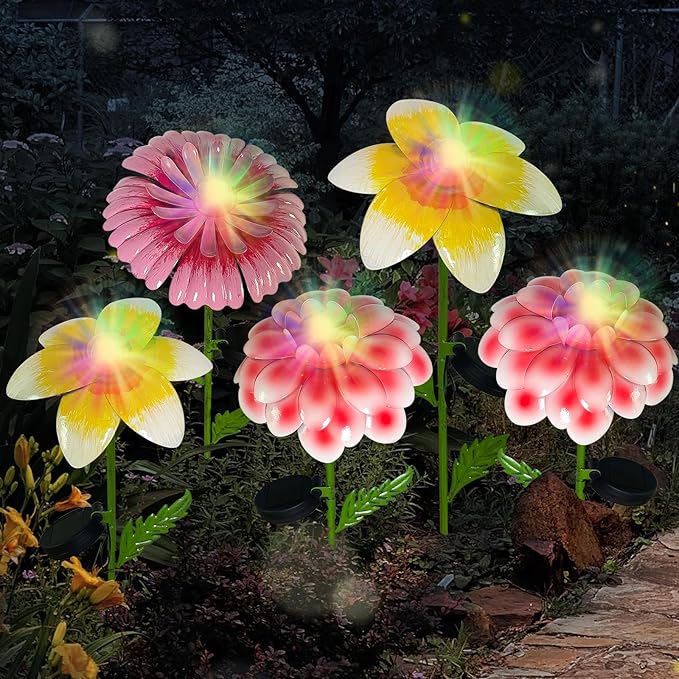 4Pcs 25" Solar Garden Decor for Outside, 3D Metal Flowers for Outside, Valentines Day Garden Stakes Decoration, Solar Lights Garden Decor, Yard Art for Lawn Patio Porch Gifts for Her