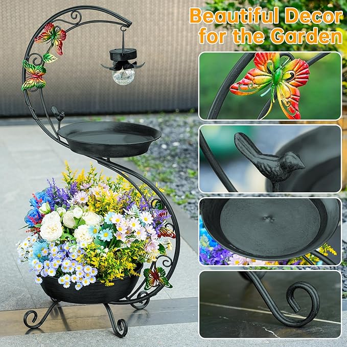 Bird Bath for Outside with Solar Lamp, 36" Birdbaths for Outdoors with Planter Flower Pot, Metal Bird Bath Bowl for Garden Yard Decor (All Black)