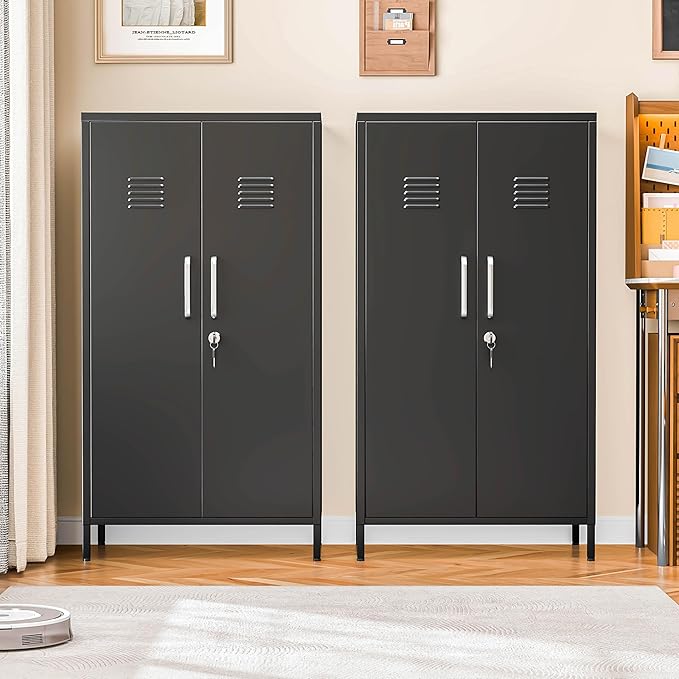 47" Metal Storage Locker, Lockable Employees Metal Locker with 2 Door and Adjustable Shelves, Steel Locker for Home, School, Office, Gym (Black)