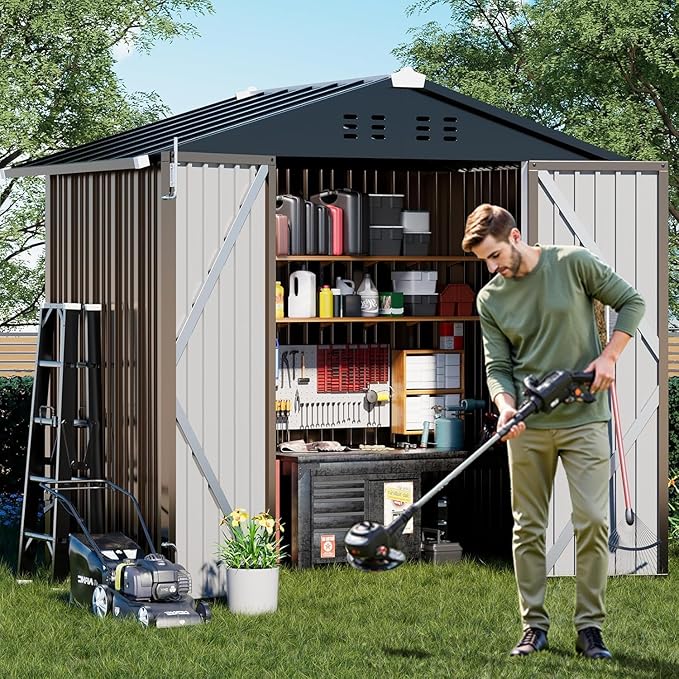 COMHOMA Shed Outdoor Storage Shed Metal,Lockable Doors Tool Sheds with Sloping Roof,Steel Garden Shed with Air Vent for Backyard,Patio,Lawn,Poolside (Brown, 6'*4')