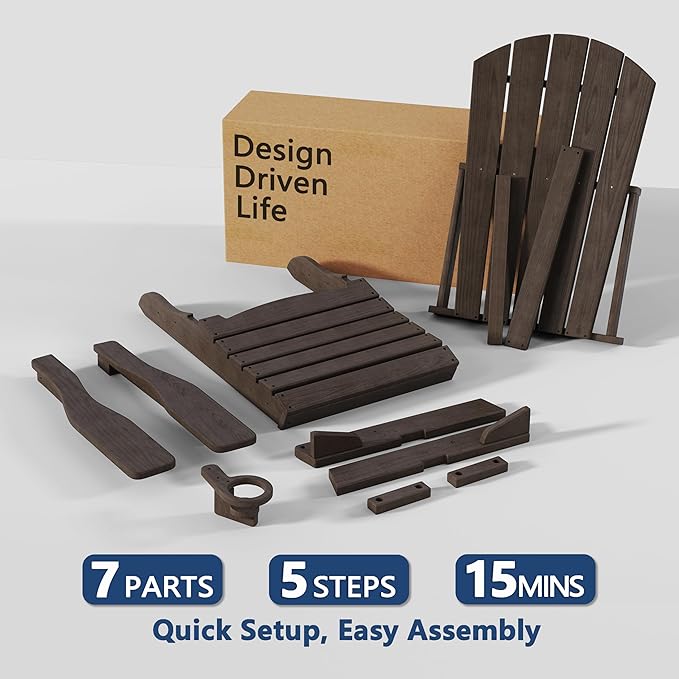 Folding Adirondack Chair with Cup Holder, HDPE All Weather Resistant Plastic Outdoor Patio Chairs, Heavy Duty Fire Pit Seating for Backyard Lawn Garden, Wooden Textured Design(Coffee)