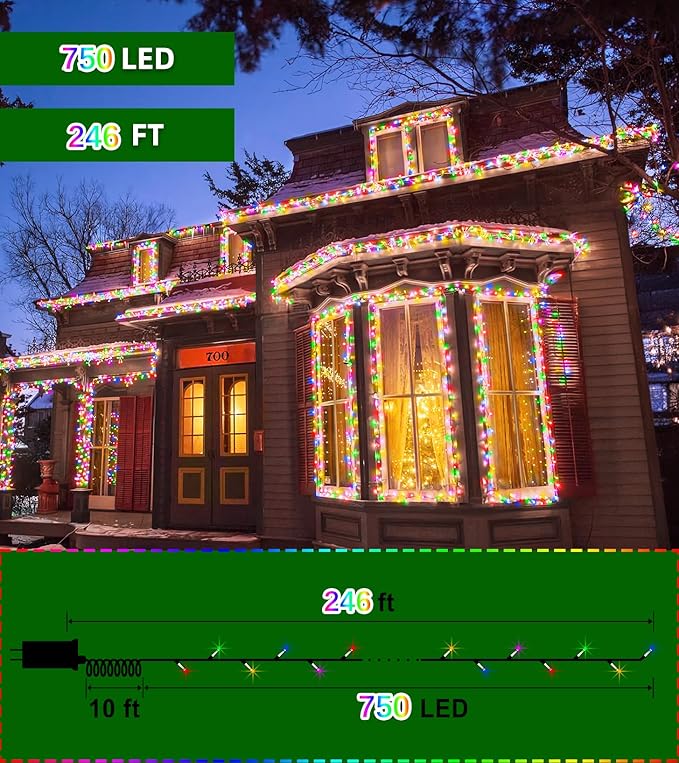 750 LED 246FT Christmas Lights Outdoor, Super Long Waterproof Christmas String Lights with 8 Modes, Christmas Tree Lights with Timer Memory for Fence Garden Xmas Wedding Party Decor Multicolor