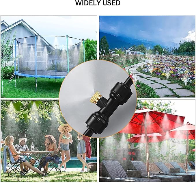 Brass & Black Misting Nozzles Kit - 20pcs Mister Nozzles & Tees with 2pcs Plugs for 1/4" Tubing and Outdoor Patio System
