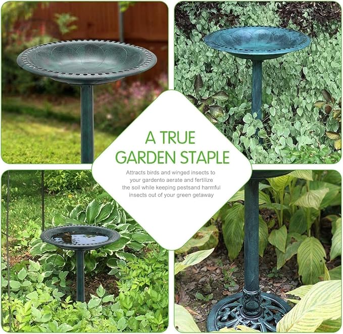 KKY 28 Inch Bird Bath Outdoor Garden Resin Lightweight Retro Courtyard Art Green Color
