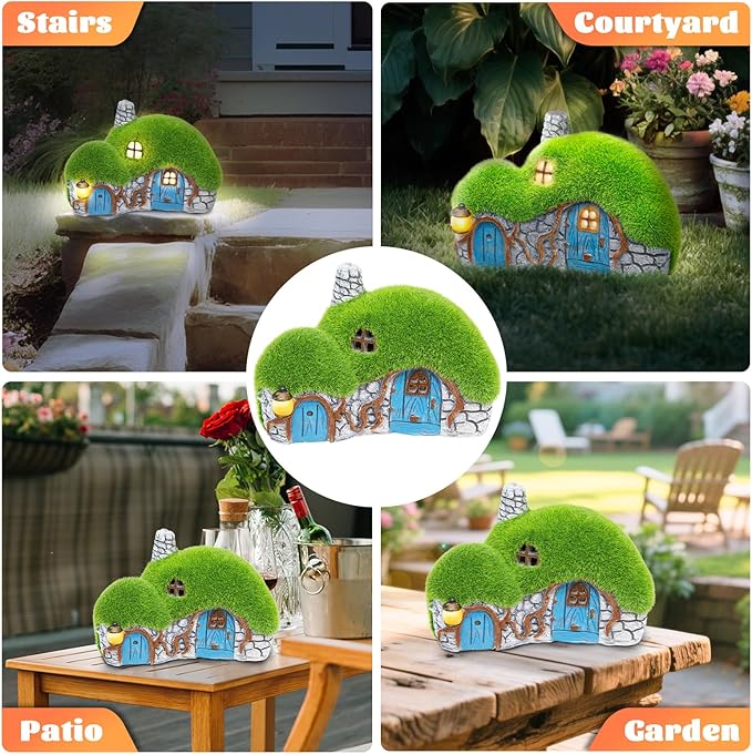 Outdoor Figurine Lights Garden House Statue - Outdoor Statues with Solar Lights Garden Cottage Lighting Figurines for Home or Yard Decor