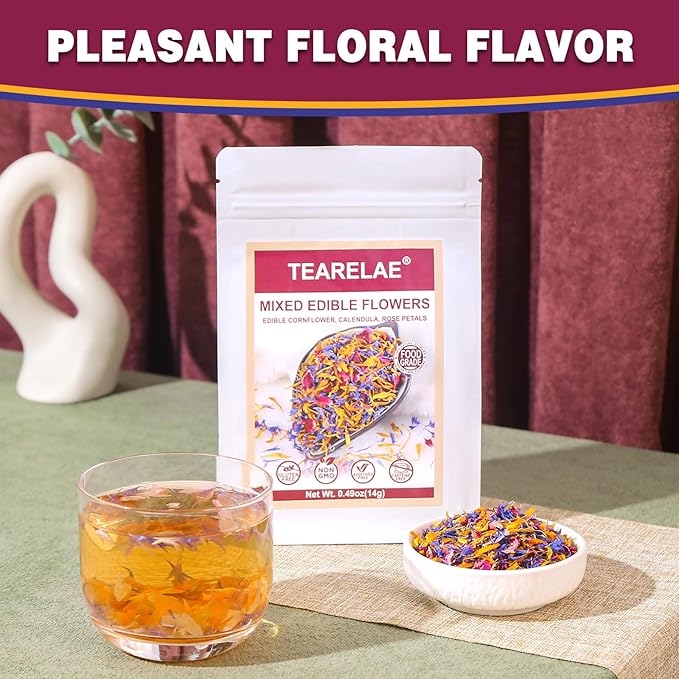 TEARELAE - Mixed Edible Flowers - Premium Rose, Cornflower, and Calendula Petals - Edible Cake Decorations - Pure Natural - Caffeine-Free - for Drink, Tea, Salad and Soap - 0.49oz/14g