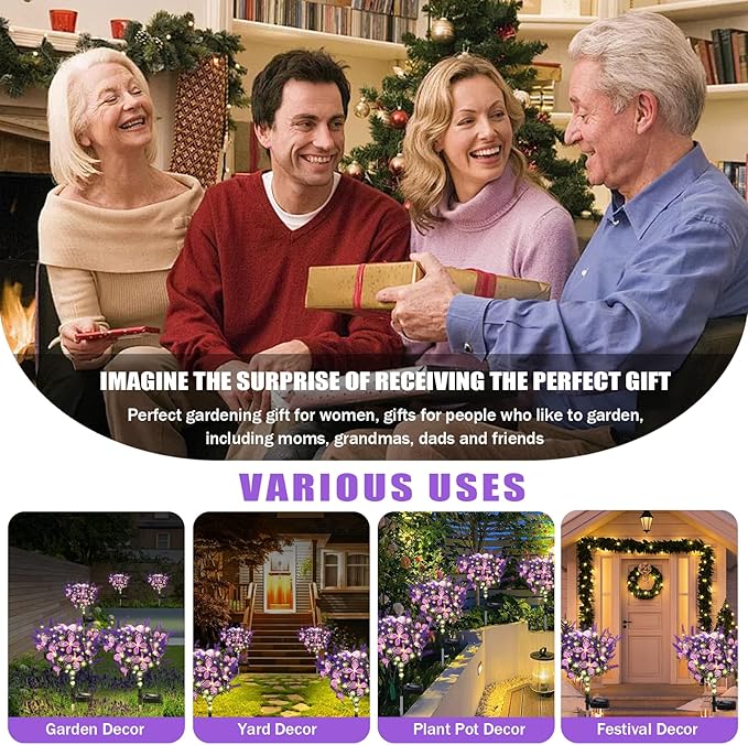 Solar Garden Lights Outdoor, 6 Pack Solar Butterfly Lights Purple Lavender Gardening Gifts for Women, Purple Solar Artificial Flower with Butterfly Purple Garden Decor for Lawn Patio-Warm White