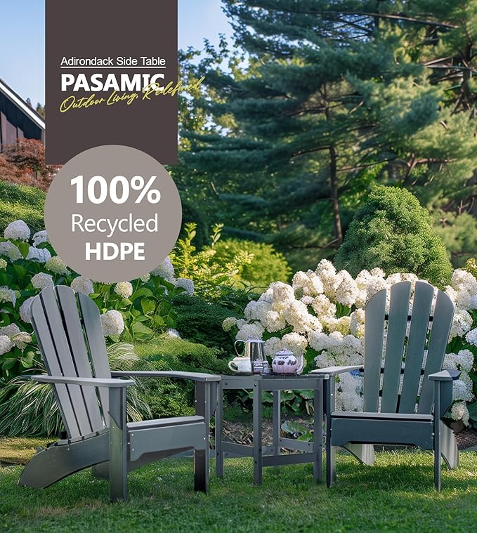 PASAMIC Adirondack Square Side Table, HDPE Outdoor Side Tables, Weather Resistant End Table for Patio, Backyard, Pool, Indoor Companion, Beach, Easy Maintenance (Grey)