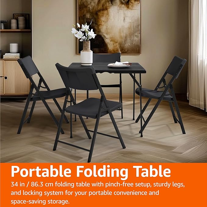 Amazon Basics 34 inch Portable Folding Dining Table with Carrying Handle, Black, 33.9 x 29.1 x 33.9 inch, Square