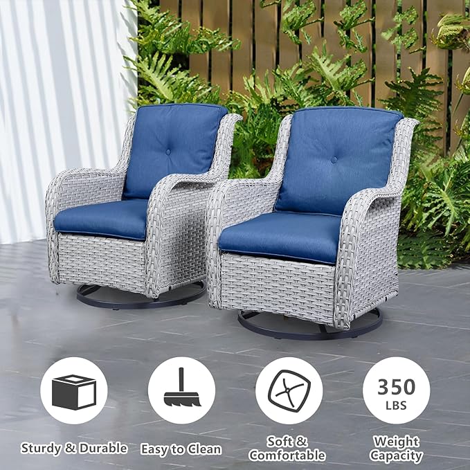 Outdoor Swivel Rcoker Patio Chairs - Outdoor Swivel Patio Chairs Set of 2 Wicker Chair Patio Furniture Sets with Covered Cushion for Porch Deck Balcony Garden, Blue Cushion