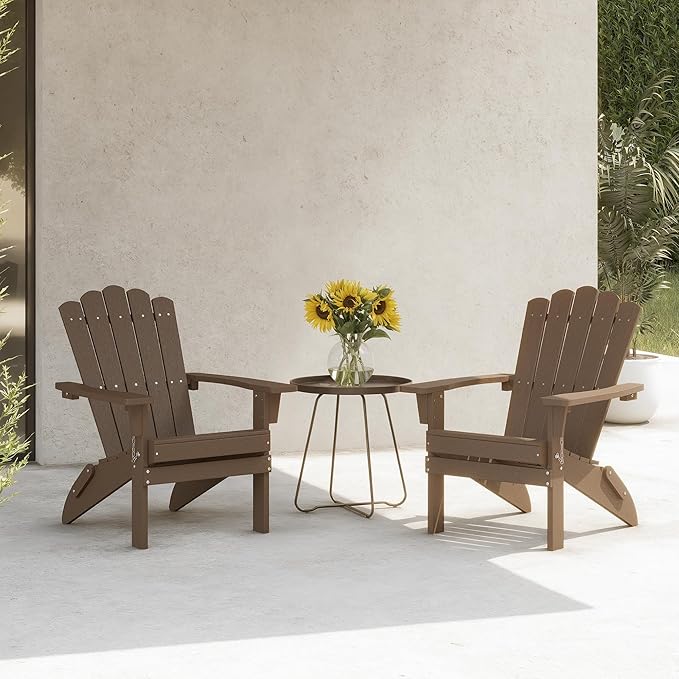 Folding HDPE Adirondack Chair Set of 2, Weather-Resistant Patio Chair with Wide Armrests & High Backrest, Fire Pit Chair for Garden, Backyard, Porch - Coffee