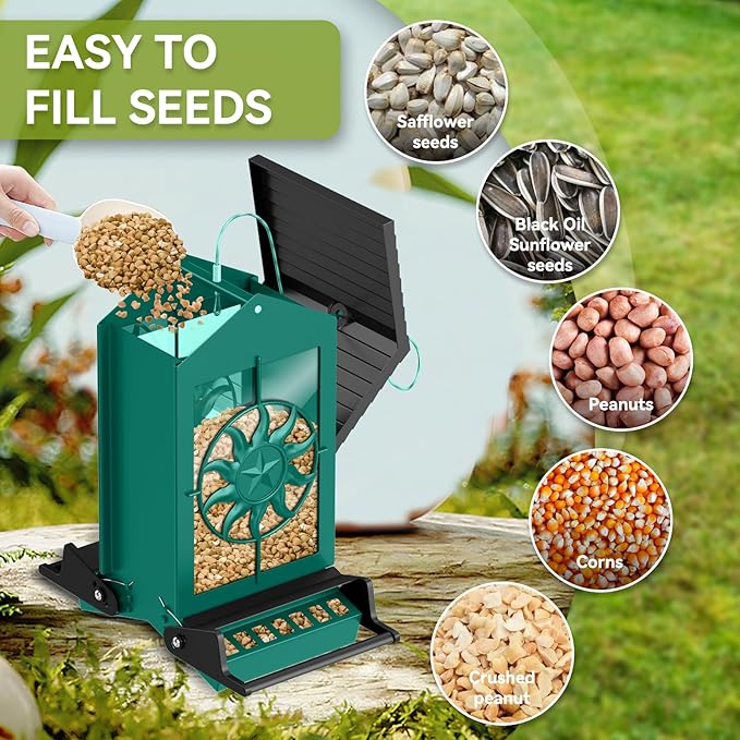 Squirrel Proof Bird Feeders for Outdoors, 5LBS Large Capacity Metal Wild Bird Feeder with Bilateral Weight-Activated Perches, Anti Squirrel Bird Feeders for Outside Finch, Cardinal, Blue Jay (Green)