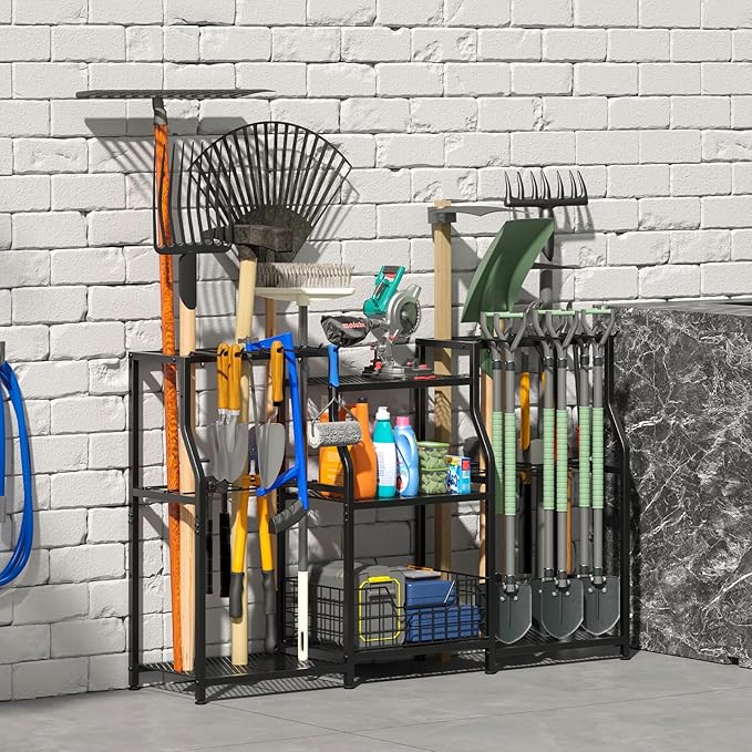 keomaisyto Garden Tool Organizer, Heavy Duty Yard Tool Tower Rack for Garage Organization and Storage, 3 Tier Utility Garden Tool Rack with hooks for Garden/Shed/Garage/Yard/Basement/Lawn