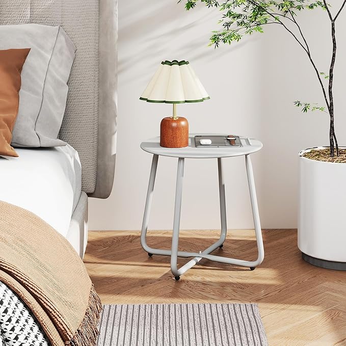 HollyHOME Round Metal Side Table, Rust-Resistant Patio Small Plant Stand, Outdoor 17.32'' Portable End Table for Balconies, Gardens, Living Rooms and Bedrooms, Grey