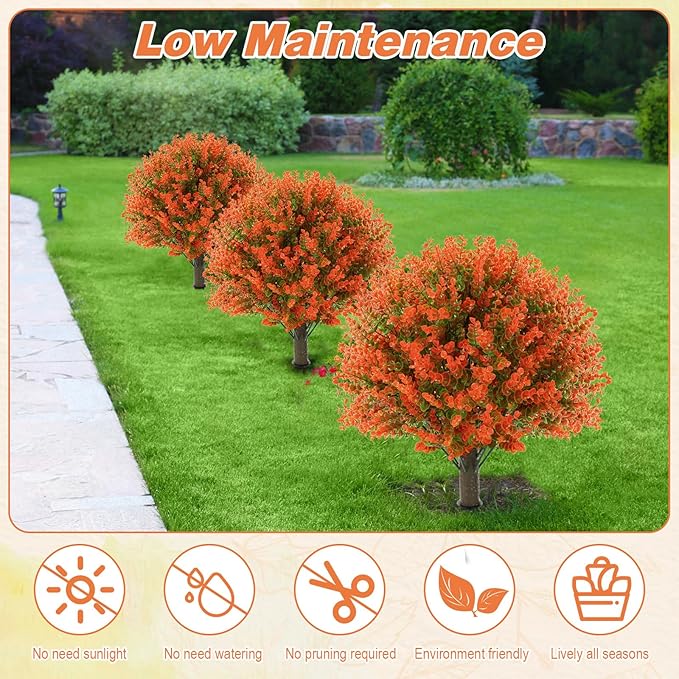 Yunlly 2 Pcs 18 Inch Fall Artificial Boxwood Ball Topiary Tree Outdoor Plants Bush, UV Resistance Faux Shrub with Spike Fall Porch Decor for Indoor Garden Yard Porch Patio Decor (Orange)