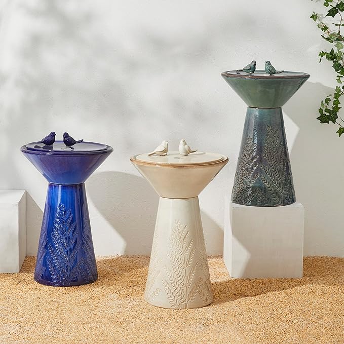 Glitzhome 27.5"H Outdoor Garden Water Fountain with LED Lights and Pump, Cobalt Blue Two Birds Embossed Plant Pattern Pedestal Ceramic Floor-Standing Fountain for Porch Deck Patio Backyard Decoration